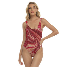 Load image into Gallery viewer, 1676 Isabella Saks branded abstract print red &amp; gold one-piece swimsuit