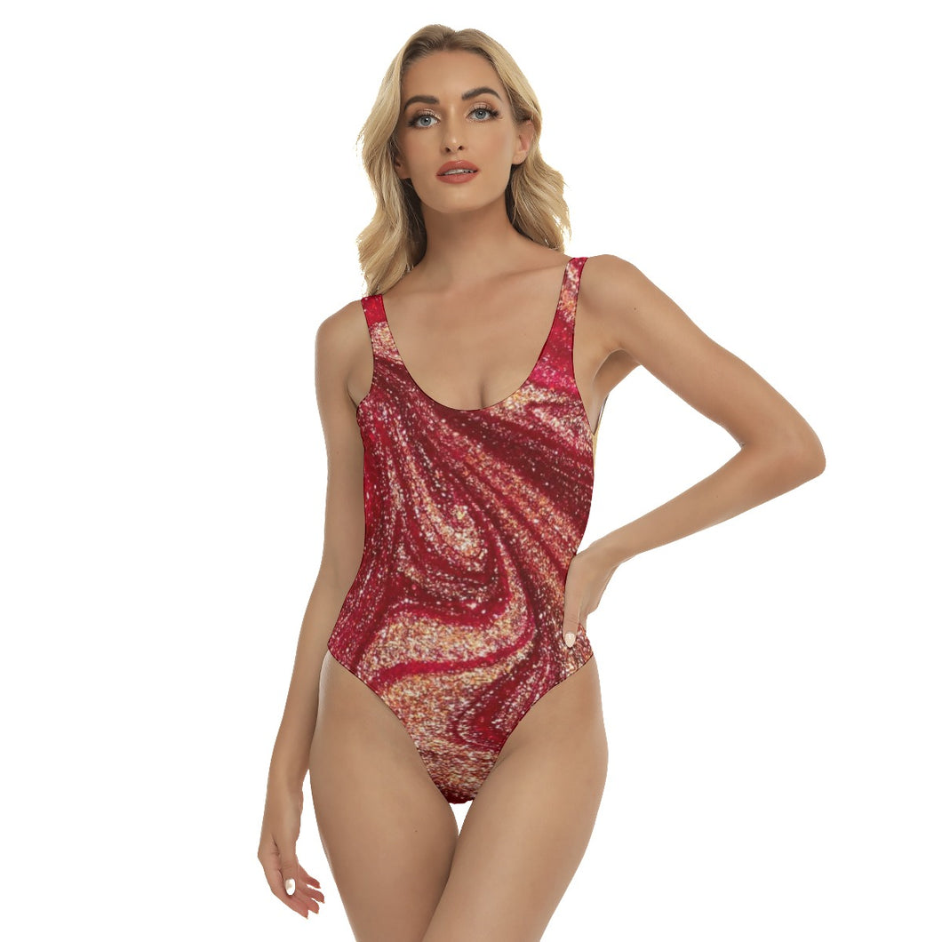1676 Isabella Saks branded abstract print red & gold one-piece swimsuit