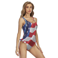 Load image into Gallery viewer, 1686 Isabella Saks branded USA flag one-piece ruffle hem swimsuit