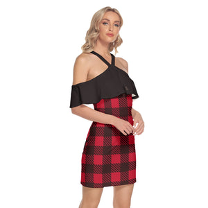 1715 Isabella Saks Branded Women's Plaid Cold Shoulder Cami Dress With Ruffle