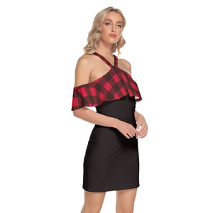 1716 Isabella Saks Branded Women's Plaid Cold Shoulder Cami Dress With Ruffle