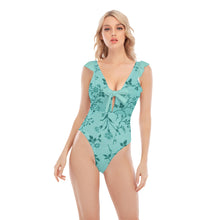 Load image into Gallery viewer, 1681 Isabella Saks branded turquoise floral ruffle one-piece swimsuit