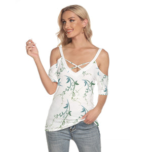 All-Over Print Women's Cold Shoulder T-shirt With Criss Cross Strips