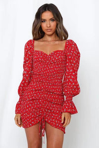 876 OLOME Women's Floral Print Long Lantern Sleeve V-neck Sashes Shirt Mini Dress