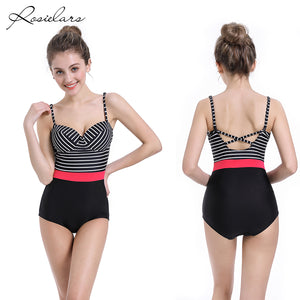 943 ROSIELARS Striped Swimwear One Piece Backless Monokini Swimsuit