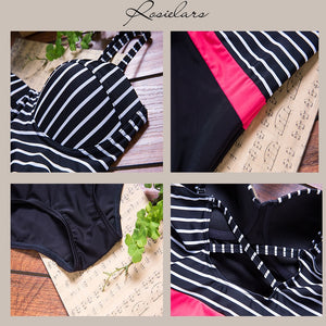 943 ROSIELARS Striped Swimwear One Piece Backless Monokini Swimsuit