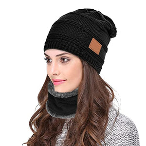 Winter Hat Scarf Gloves Sets - Soft Knitted Neck Warmer & Beanie Cap Touchscreen Fleece Liner Warm Gloves for Men Women