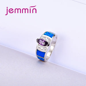 619 Jemmin 925 Sterling Silver Crystal Geometric Blue Opal Finger Ring