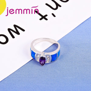 619 Jemmin 925 Sterling Silver Crystal Geometric Blue Opal Finger Ring