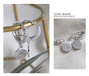 256 Bin Fen Real 925 Sterling Silver CZ Round Coin Drop Earrings "Love Always"
