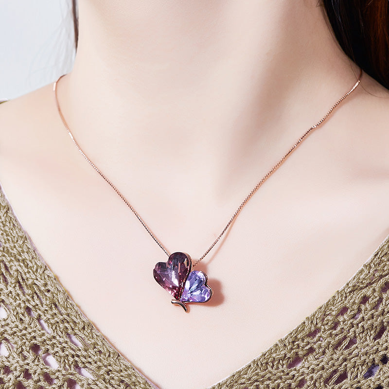 315 Cdyle Gold Embellished Swarovski Crystal Double Heart Butterfly Pendant Necklace