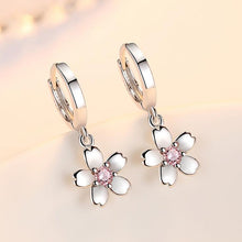 Load image into Gallery viewer, 534 Haowu Cute Sterling Silver Cherry Blossoms Flower White Pink CZ Hoop Earrings
