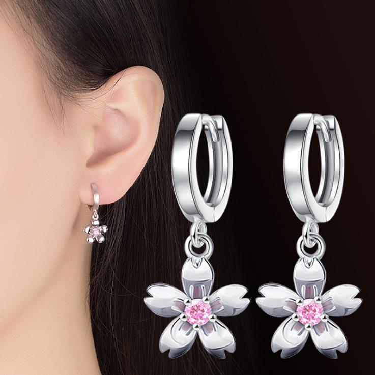534 Haowu Cute Sterling Silver Cherry Blossoms Flower White Pink CZ Hoop Earrings