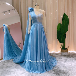 739 Sharon Said Luxury Dubai Long Sleeve Elegant Floral Evening Dress W/Cape Plus