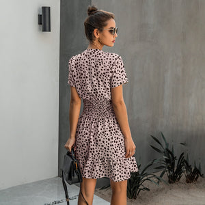 724 Lossky Women's Summer Leopard A-Line Black Ruffle Short Sleeve Mini Dresses