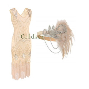 343 Coldker Flapper Headpiece 1920s V-Neck Beaded Fringed Great Gatsby Dress