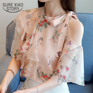 1221 XIAO Women's Butterfly Short Sleeve Ruffles Print Pink Chiffon Blouse