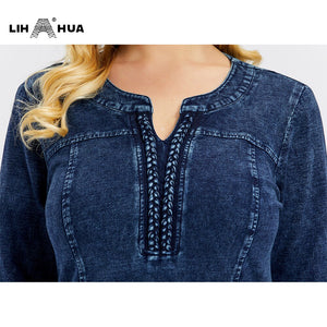 703 LIH HUA Women's Shoulder Pads Elasticity Knitted Denim Slim Fit Dresses Plus