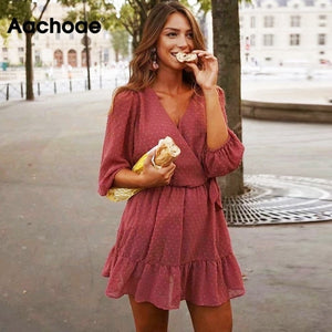 147 Aachoae Women's Summer 3/4 Sleeve V-neck Ruffles Lace Chiffon Dresses