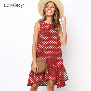 722 Lossky Women Summer Polka Dot Chiffon Sleeveless A-Line Beach Mini Dress Plus