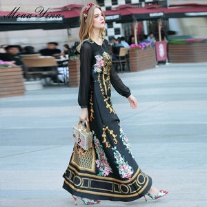 777 MoaaYina Fashion Designer Long Sleeve Vintage Style Floral Print Maxi Dress