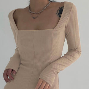 387 Darlingaga Elegant Square Neck Ribbed Split Side Long Sleeve Black Mini Dress