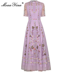 767 MoaaYina Designer Short Sleeve Mesh Flowers Embroidery Elegant Dresses