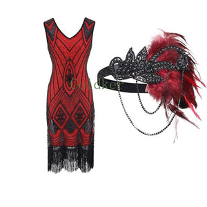 343 Coldker Flapper Headpiece 1920s V-Neck Beaded Fringed Great Gatsby Dress