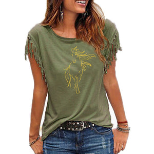 262 Bitter Coffee Women's Creative Horse Print Cotton Tassel Sleeve T-shirt Top