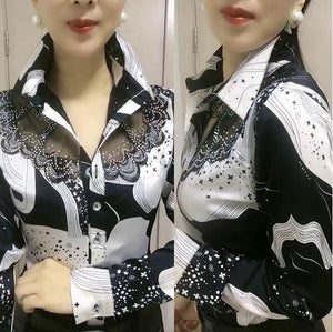 962 Shan liao Yi Button Down Lightweight Lace Stitching Chiffon Floral Blouse Plus