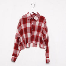 Load image into Gallery viewer, 325 CHEERART Buffalo Plaid Women&#39;s Long Sleeve Button-Up Plaid Crop Blouse