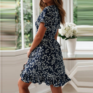 421 Dozw Women's Summer V-Neck Short Sleeve A-Line Floral Print Ruffle Mini Dress