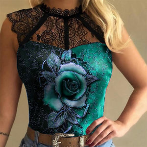 1416 Summer Women Sexy Lace Mesh T-Shirt Sleeveless Crew Neck  Collar See-through Tops Spring Fashion Rose Flower Office Tops Shirts