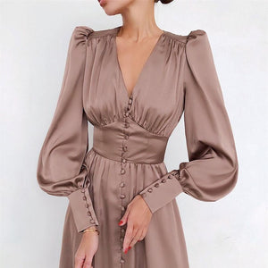752 Mcckle Women's Lantern Sleeve A-Line High Waist Slim Elegant Satin Long Dresses