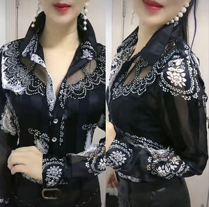 962 Shan liao Yi Button Down Lightweight Lace Stitching Chiffon Floral Blouse Plus