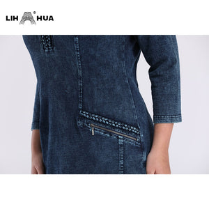703 LIH HUA Women's Shoulder Pads Elasticity Knitted Denim Slim Fit Dresses Plus