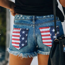 Load image into Gallery viewer, 180 Ang Fou Woman&#39;s American Flag Printing Raw Edge Ripped Jean Denim Shorts
