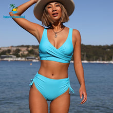 Load image into Gallery viewer, 236 Beachsissi Women&#39;s Turquoise Twist Front Drawstring Bikini Set Swimsuits