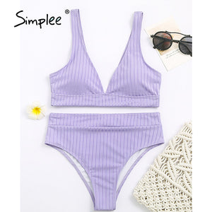 983 Simplee  Solid Ribbed High Waist V-Neck Swimsuit Bathing Suit