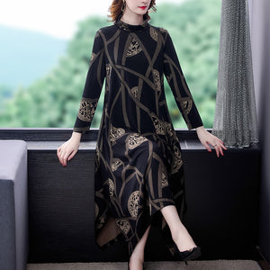 577 Huti wjwyl Vintage Style Elegant Long Sleeve Loose Black Print Maxi Dresses Plus