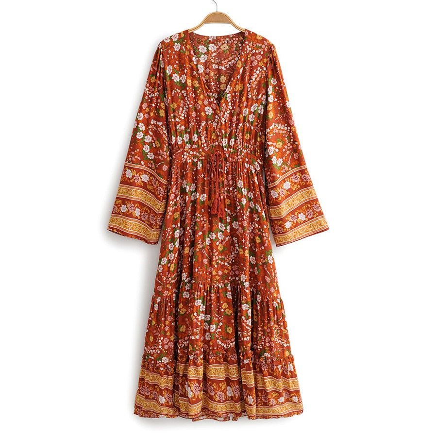 1045 TEELYNN Women's V-neck Long Sleeve Gypsy Style Floral Long Dresses