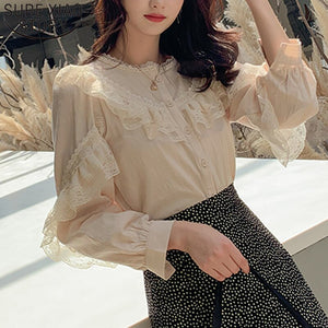 1021 SURE XIAO STORY Elegant Ladies Long Sleeve Ruffle Lace Blouse Tops