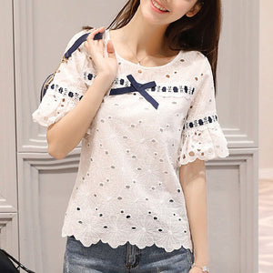 1028 SURWENYUE Women's Hollow Lace Short Sleeve Tops