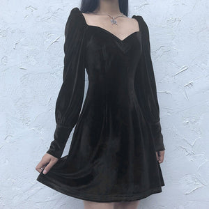 476 Fitshinling Vintage Style Gothic Velvet Long Sleeve A-Line Buttons Dress
