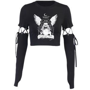 596 InsGoth Women's Witch Print Black Long Sleeve Patchwork Tops