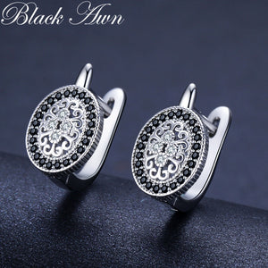 270 Black Awn Classic 925 Sterling Silver Round Black Trendy Spinel Hoop Earrings