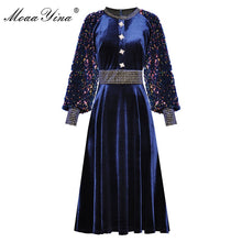 Load image into Gallery viewer, 774 MoaaYina Fashion Designer Sequin Lantern Sleeve Crystal Button Velvet Dresses