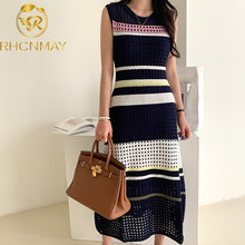 Load image into Gallery viewer, 923 RHCNMAY Women&#39;s Sleeveless Hollow Out Knitted Striped Patchwork Dresses