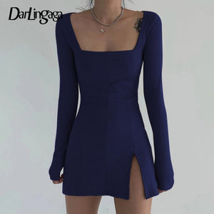 387 Darlingaga Elegant Square Neck Ribbed Split Side Long Sleeve Black Mini Dress