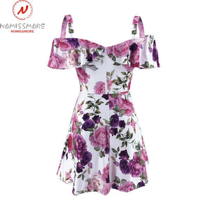 852 Nomissmore Women's Dress Short Sleeve Flower Print Mini Strapless Dress
